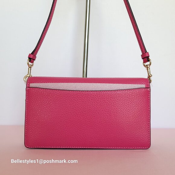 COACH Anna Pebbled Leather Fold-over Clutch Crossbody With Chain- Bold Pink ⭐ - Picture 7 of 16
